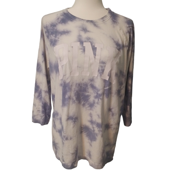 VICTORIAS SECRET PINK Campus Logo Baseball Tee Periwinkle Tie Dye Size Medium - Picture 4 of 11